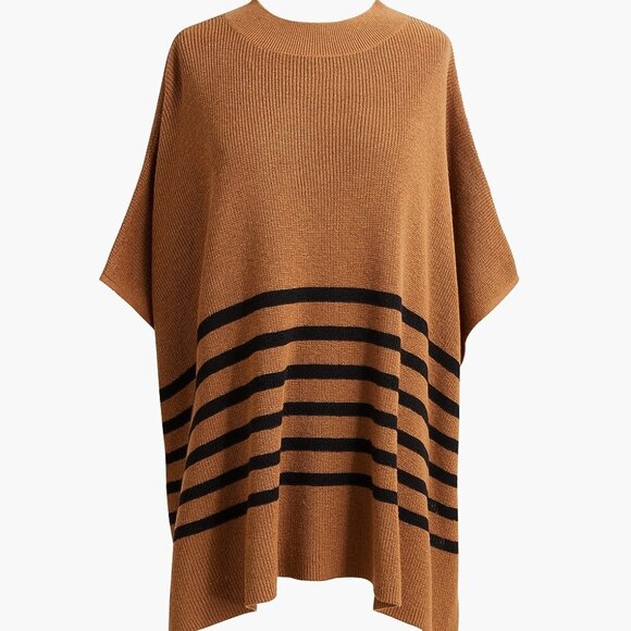 J. Crew Factory Striped Poncho in Heather Camel Black, One Size - NWT - Picture 1 of 6